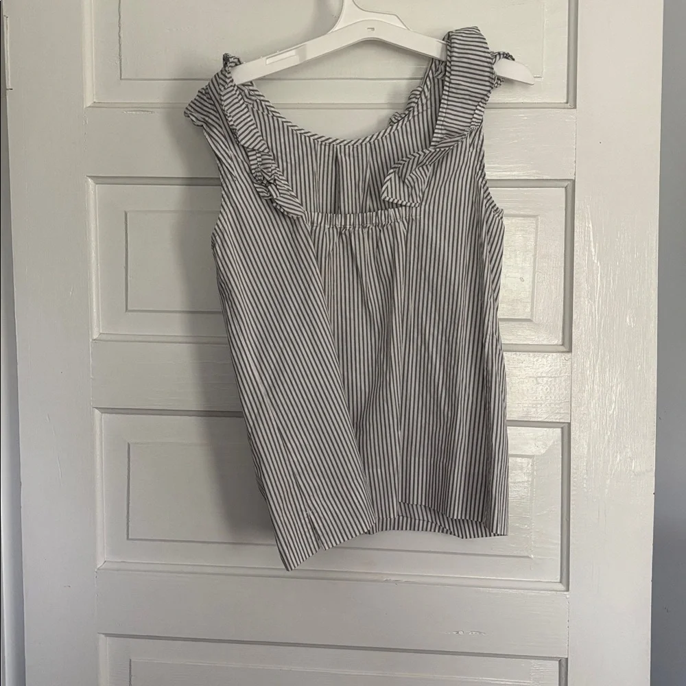 J. Crew Sleeveless Ruffled Neck Vertical Stripe Top - White/Gray